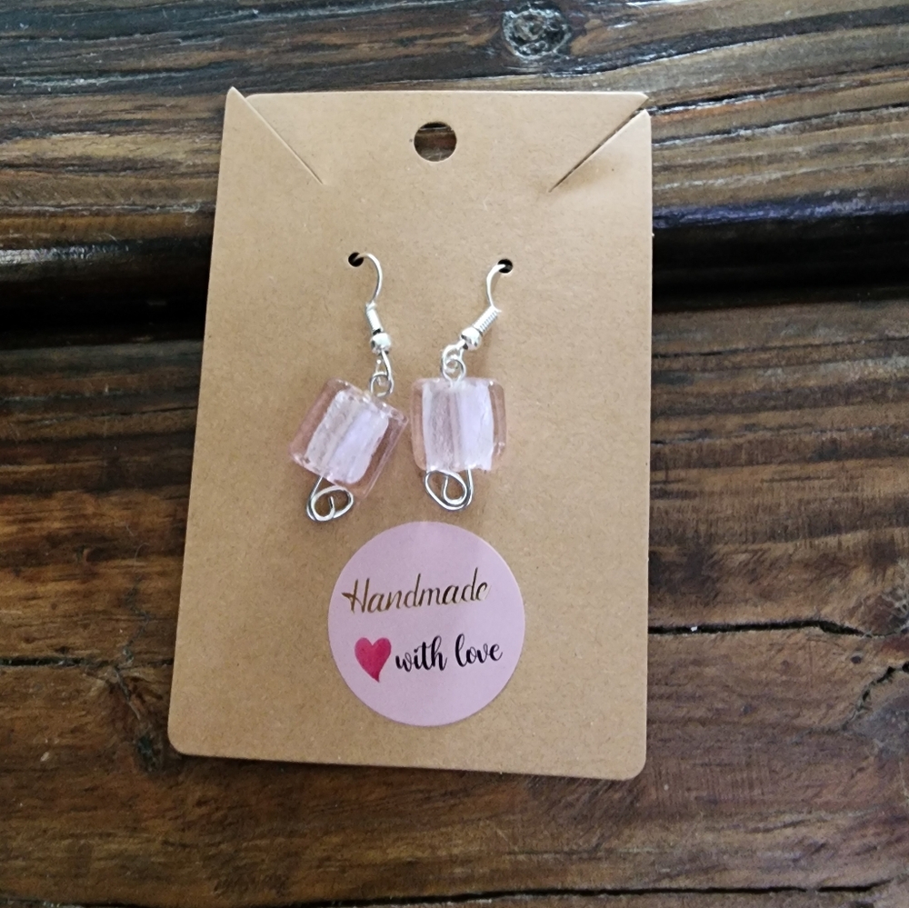 Handmade pink square glass bead Earrings